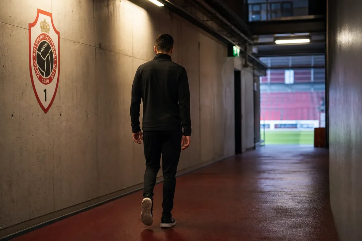 Een niet-herkenbare voetballer van achteren in een stadiontunnel van Royal Antwerp FC.
