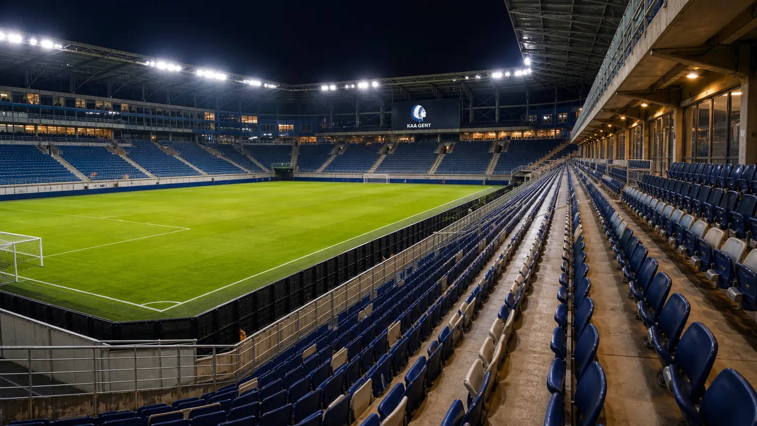 Verlicht veld en tribunes in een KAA Gent-stadionomgeving in de avond.