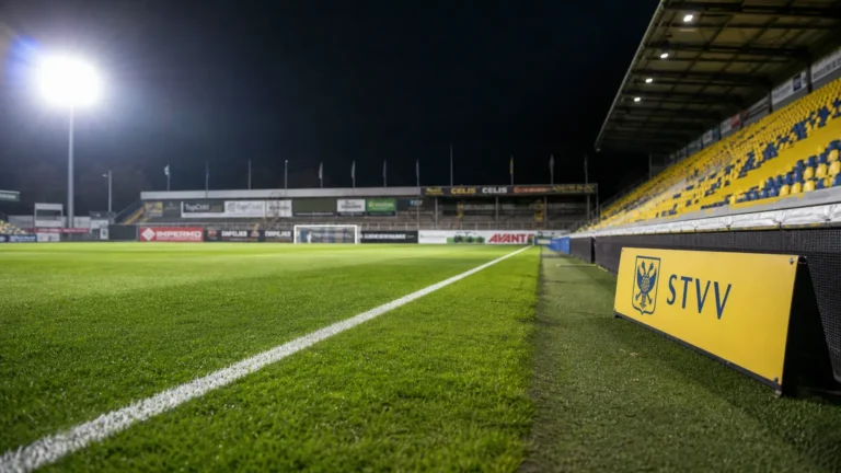 Verlichte zijlijn van een Belgisch voetbalveld met een discreet STVV-bord.