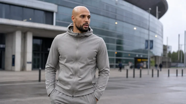 Sofyan Amrabat in neutrale reiskleding buiten een modern voetbalstadion