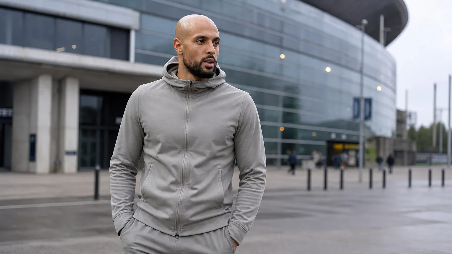 Sofyan Amrabat in neutrale reiskleding buiten een modern voetbalstadion