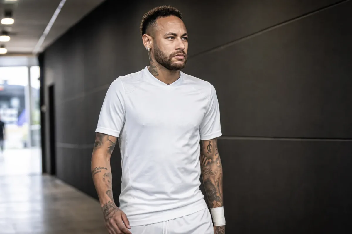 Neymar wandelt in een witte voetbaluitrusting door een stadiongangerij.