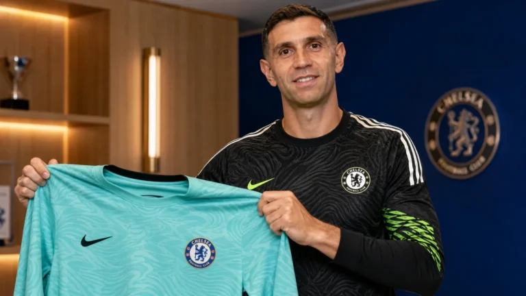 Emiliano Martinez poseert als nieuwe Chelsea-doelman tijdens zijn officiële voorstelling.
