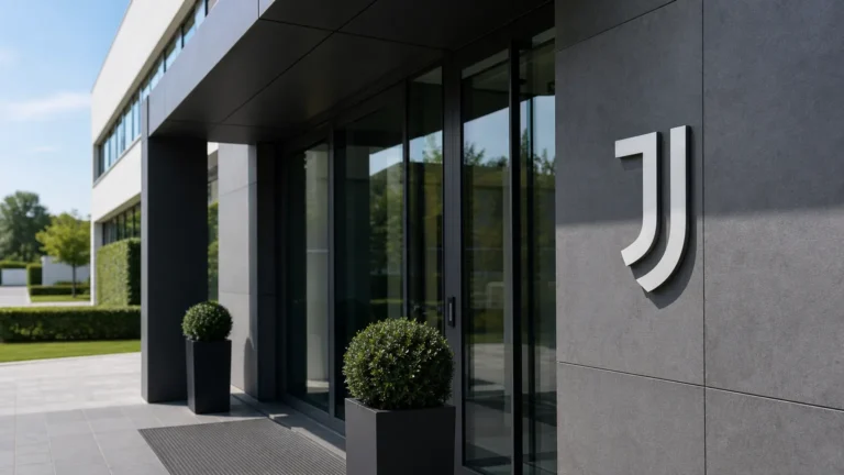 Ingang van een Juventus-clubgebouw met een discreet Juventus-embleem.