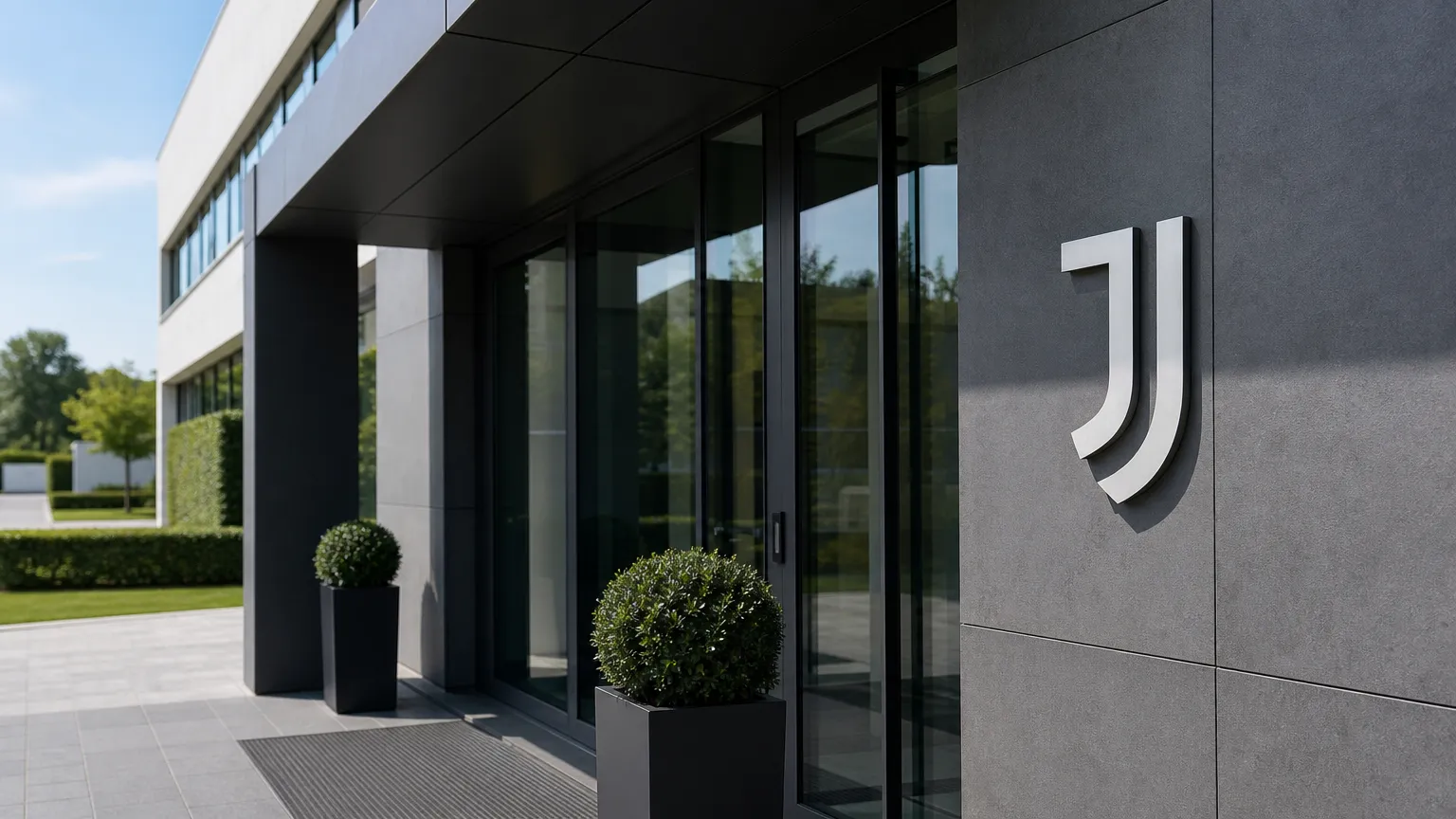 Ingang van een Juventus-clubgebouw met een discreet Juventus-embleem.