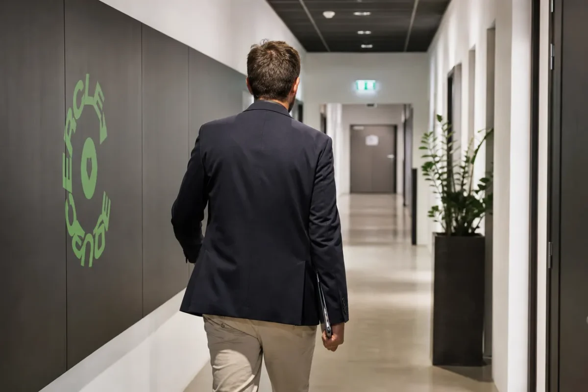 Een niet-herkenbare medewerker loopt door een professionele gang in een clubgebouw van Cercle Brugge.