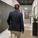 Een niet-herkenbare medewerker loopt door een professionele gang in een clubgebouw van Cercle Brugge.