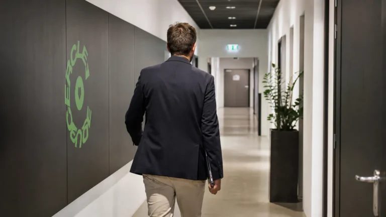 Een niet-herkenbare medewerker loopt door een professionele gang in een clubgebouw van Cercle Brugge.