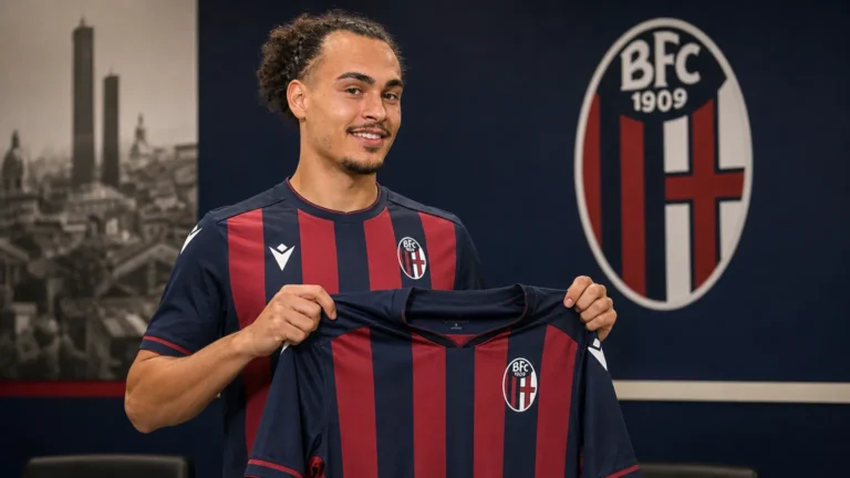 Arthur Theate poseert met een Bologna-shirt tijdens zijn officiële voorstelling.