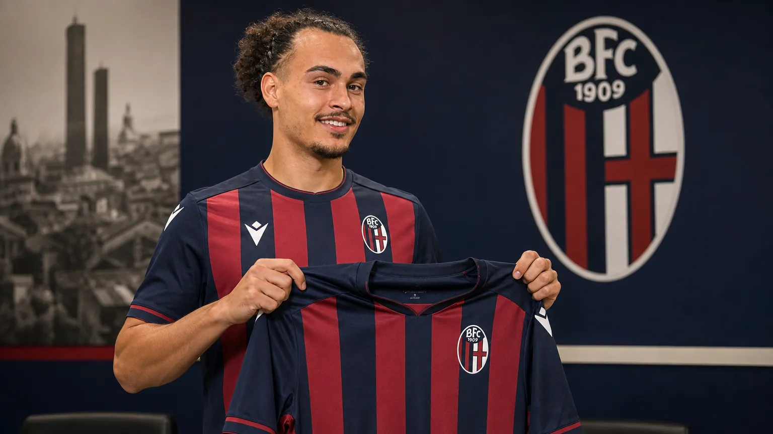 Arthur Theate poseert met een Bologna-shirt tijdens zijn officiƫle voorstelling.