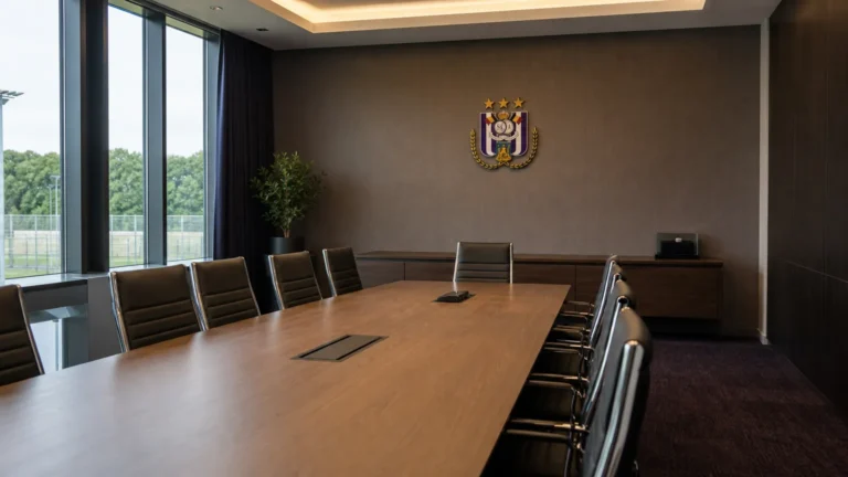 Een lege vergaderzaal in een clubgebouw met een discreet RSC Anderlecht-wanddetail.