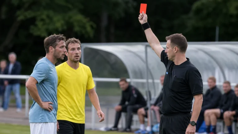 Een scheidsrechter toont een rode kaart tijdens een voetbalwedstrijd.