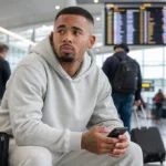 Gabriel Jesus in neutrale reiskleding in een rustige vertrekhal.