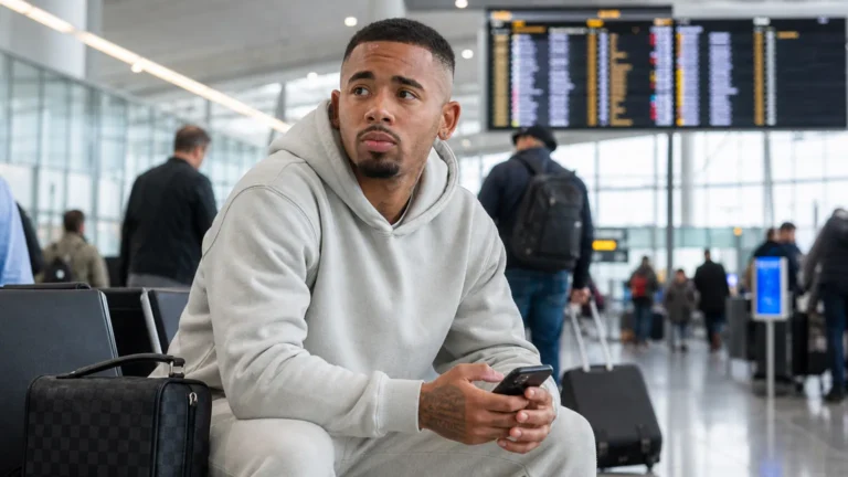 Gabriel Jesus in neutrale reiskleding in een rustige vertrekhal.