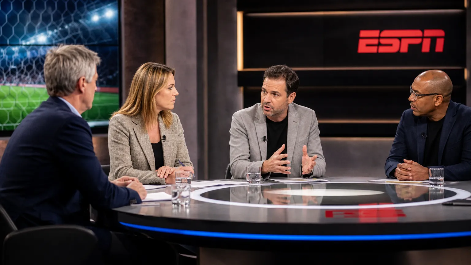 Een voetbaltelevisiestudio tijdens een live analyse met een discreet ESPN-logo op de achtergrond.