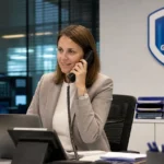 Een medewerker beantwoordt een telefoon in een kantooromgeving van KRC Genk.