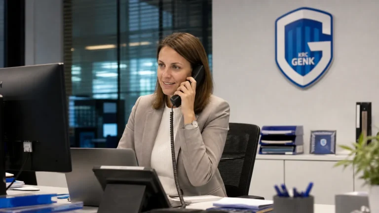 Een medewerker beantwoordt een telefoon in een kantooromgeving van KRC Genk.