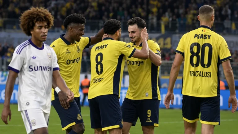 Spelers van Union vieren samen een doelpunt tijdens de Brusselse derby tegen Anderlecht.