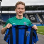 Zalán Vancsa toont tijdens een officiële presentatie het shirt van IK Sirius.