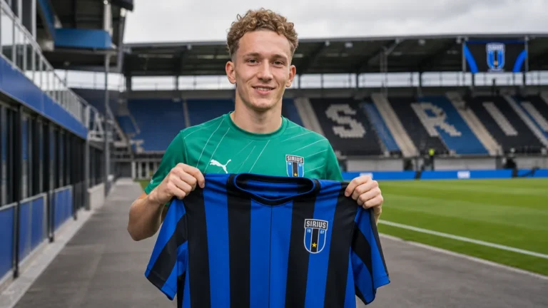 Zalán Vancsa toont tijdens een officiële presentatie het shirt van IK Sirius.