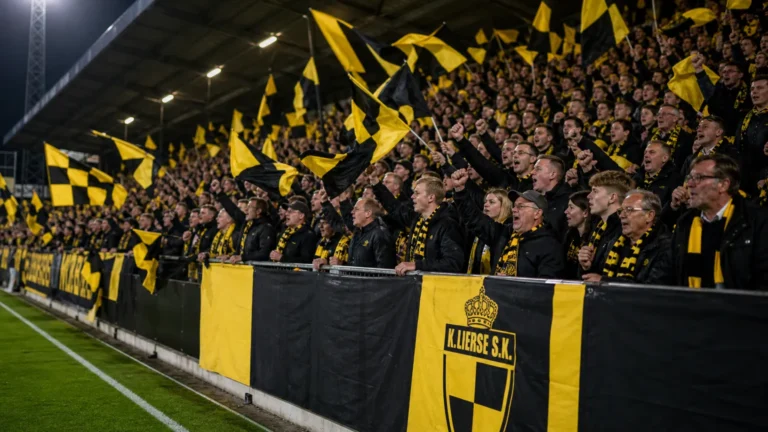 Lierse-supporters zwaaien met geel-zwarte vlaggen in een voetbalstadion.