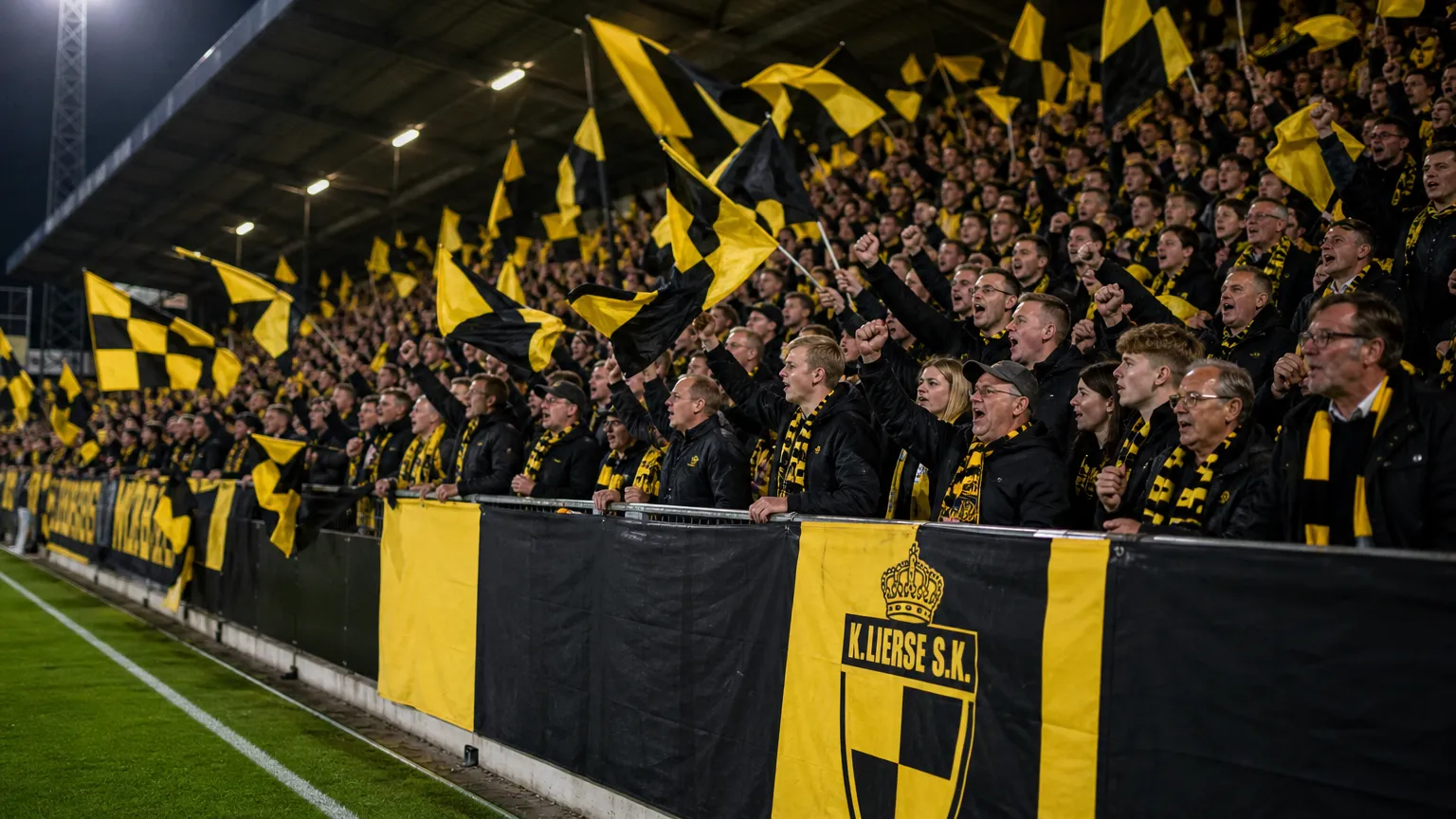 Lierse-supporters zwaaien met geel-zwarte vlaggen in een voetbalstadion.
