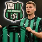 Ignace Van der Brempt toont een Sassuolo-shirt tijdens zijn officiële voorstelling.