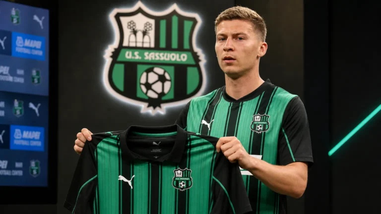 Ignace Van der Brempt toont een Sassuolo-shirt tijdens zijn officiële voorstelling.