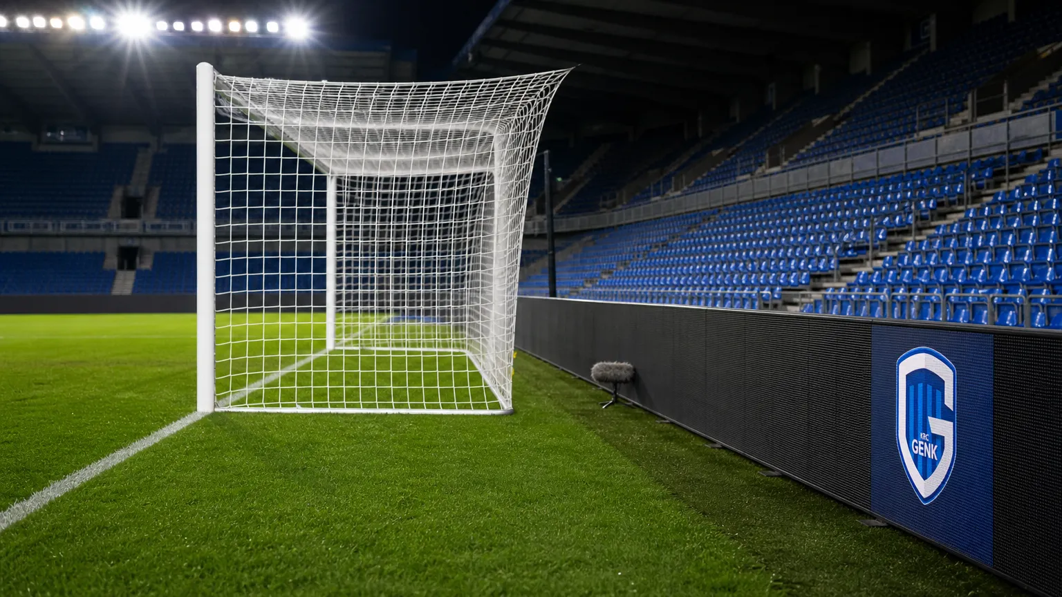 Verlicht doelgebied in een KRC Genk-omgeving met een subtiel clubbord naast het veld.