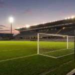 Een leeg voetbalveld in een Belgisch stadion na een competitiewedstrijd.