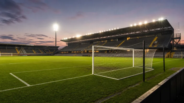 Een leeg voetbalveld in een Belgisch stadion na een competitiewedstrijd.