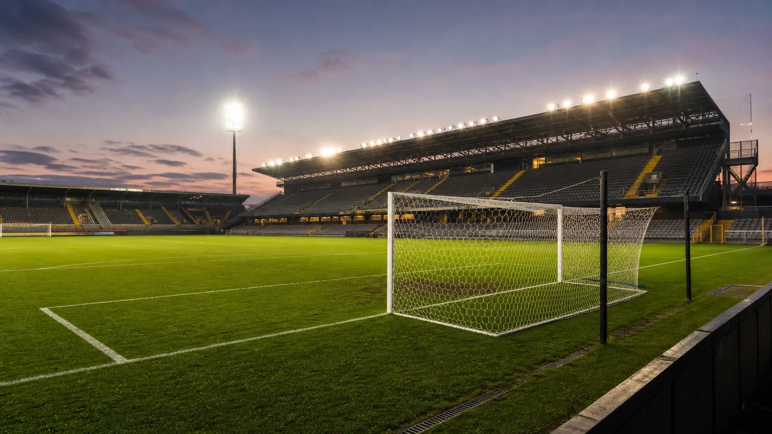 Een leeg voetbalveld in een Belgisch stadion na een competitiewedstrijd.