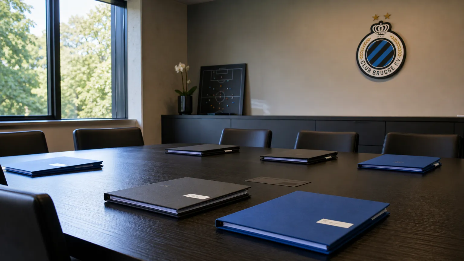 Een lege administratieve vergaderruimte van Club Brugge met een discreet clubembleem aan de wand.