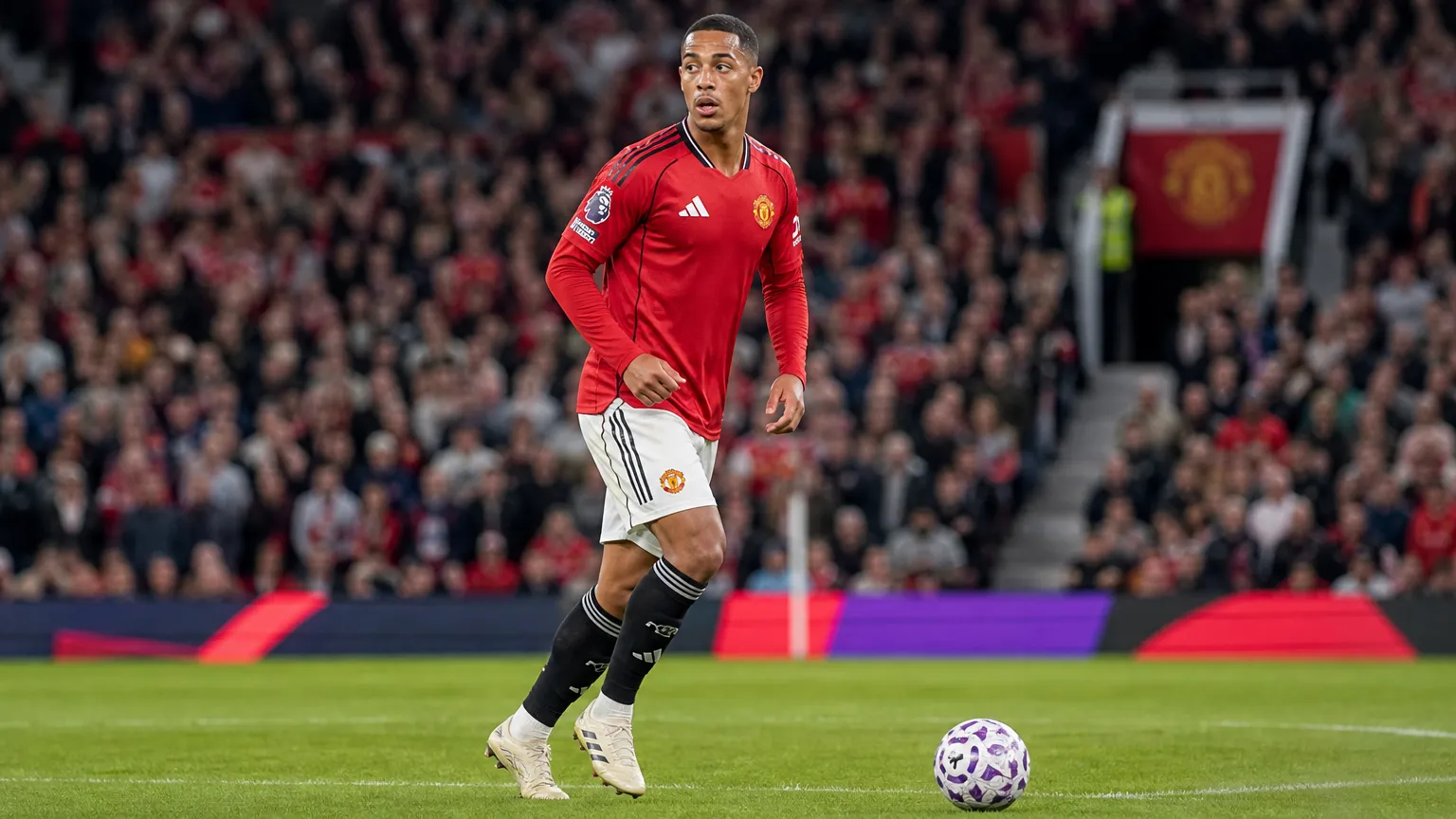 Youri Tielemans in het rode tenue van Manchester United tijdens een wedstrijd