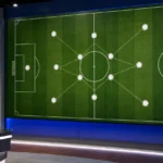Verlicht tactisch scherm in een voetbalstudio met een opstelling op het middenveld.