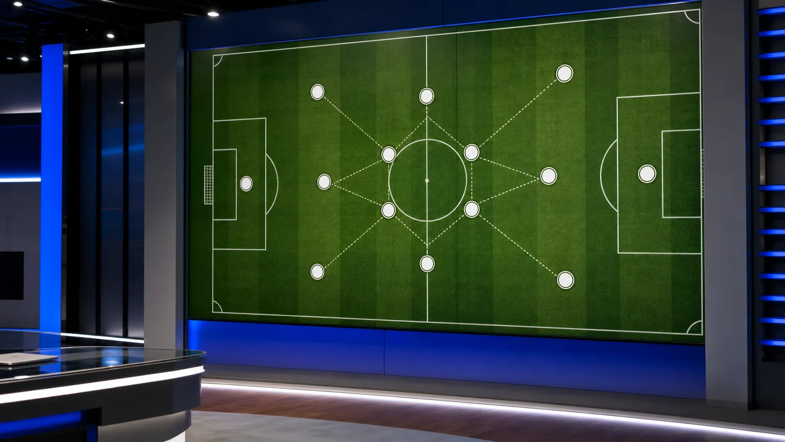 Verlicht tactisch scherm in een voetbalstudio met een opstelling op het middenveld.
