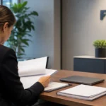 Een niet-herkenbare medewerker bekijkt documenten in een FIFA-kantoor.