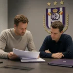 Twee medewerkers overleggen in een administratieve ruimte van RSC Anderlecht.