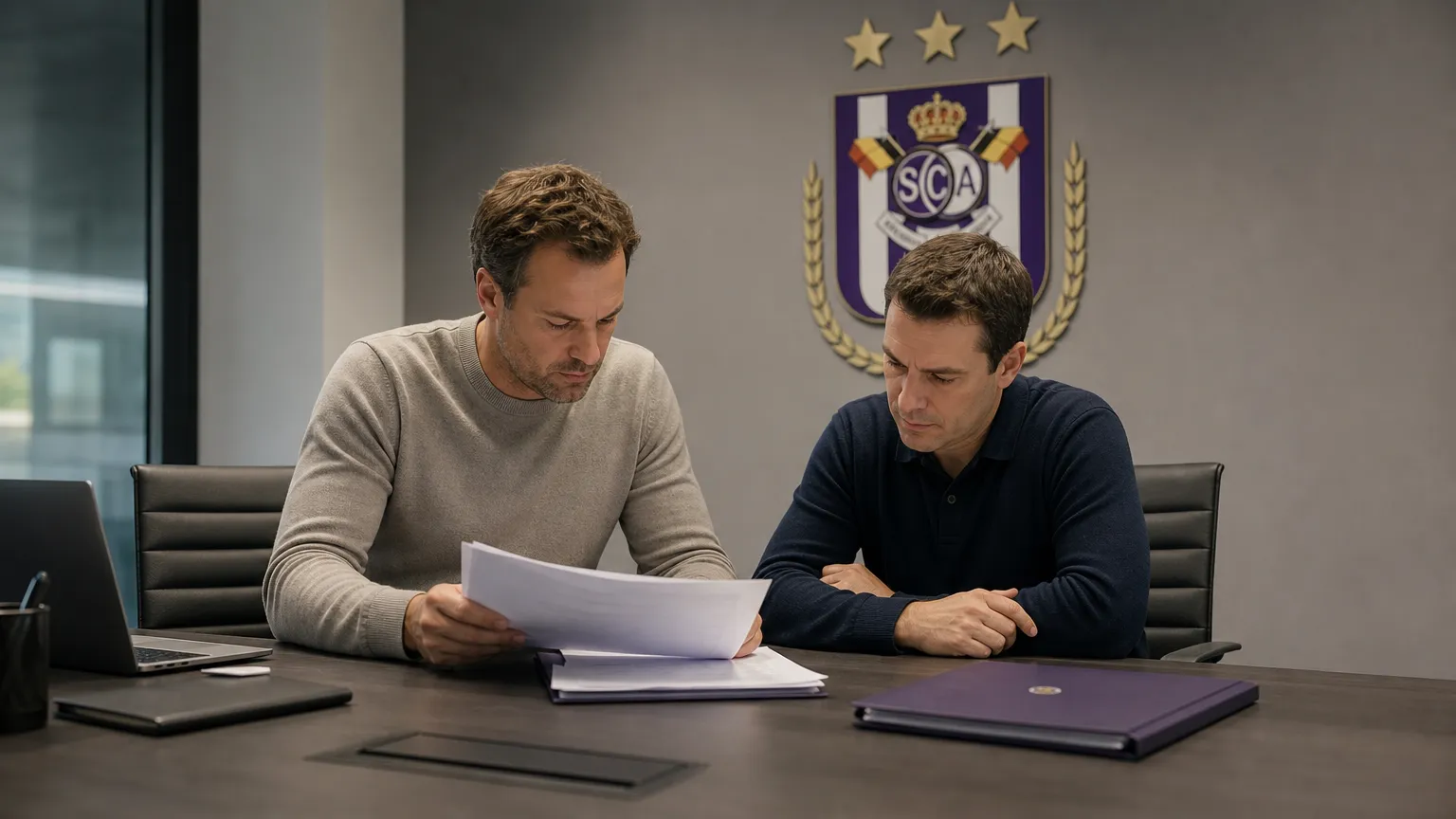 Twee medewerkers overleggen in een administratieve ruimte van RSC Anderlecht.