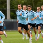 Een groep voetballers in lichtblauwe trainingskleding tijdens een loopoefening.