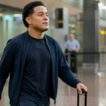 Anthony Valencia in neutrale reiskleding in een Braziliaanse luchthavenhal.