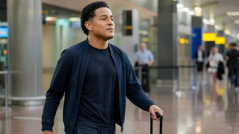 Anthony Valencia in neutrale reiskleding in een Braziliaanse luchthavenhal.