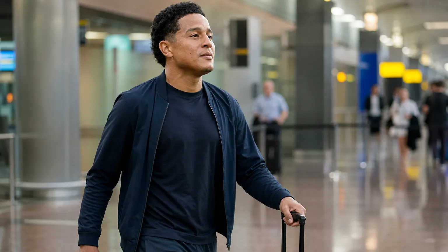 Anthony Valencia in neutrale reiskleding in een Braziliaanse luchthavenhal.