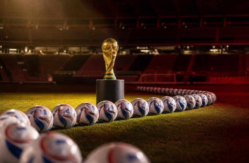 WK-trofee tussen een overvloed aan ballen in een gespannen, leeg stadion