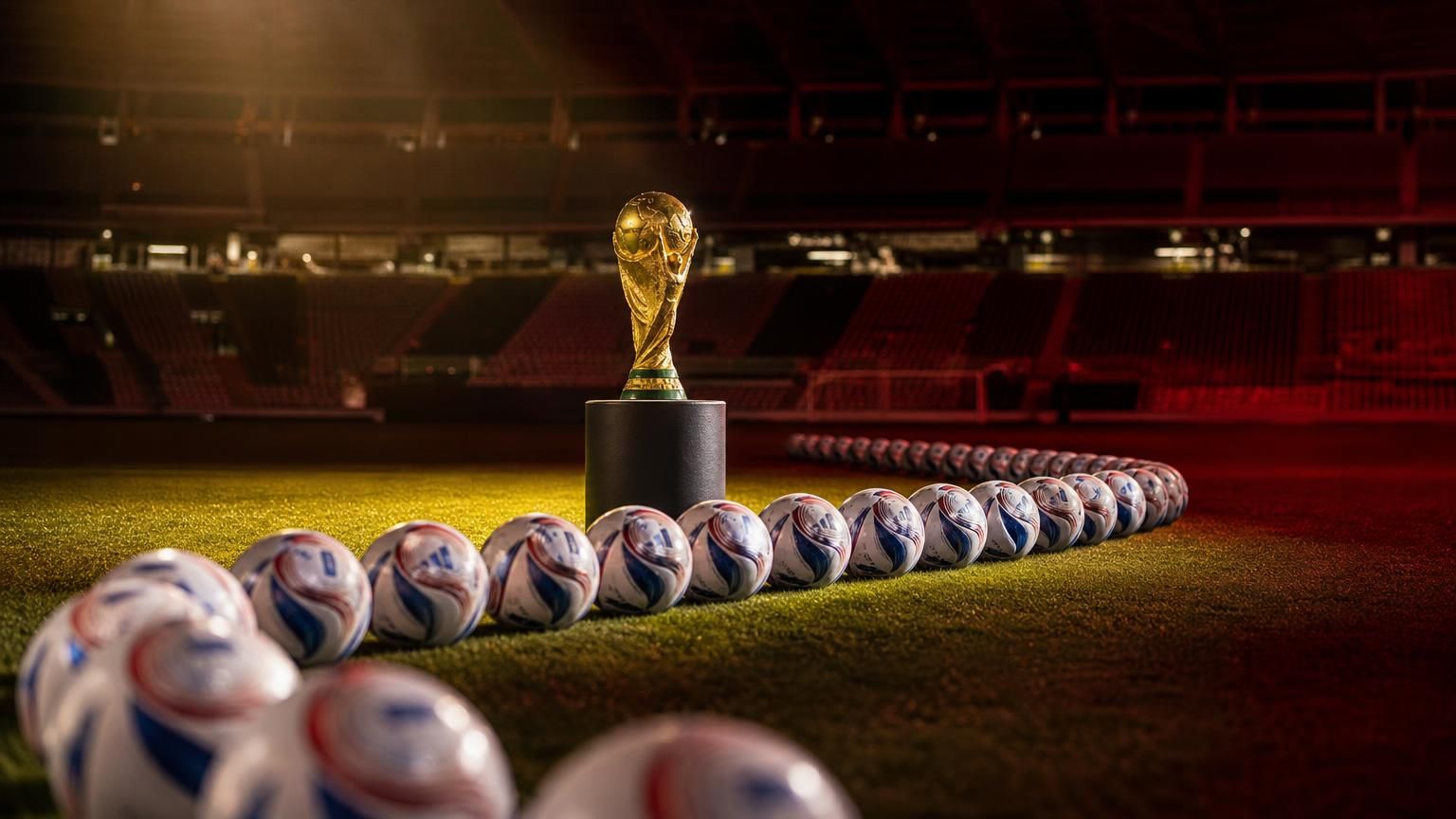 WK-trofee tussen een overvloed aan ballen in een gespannen, leeg stadion