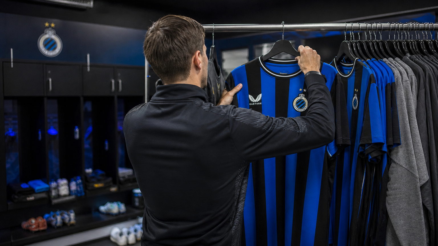 Een Club Brugge-shirt hangt aan een rek in een materiaalruimte.