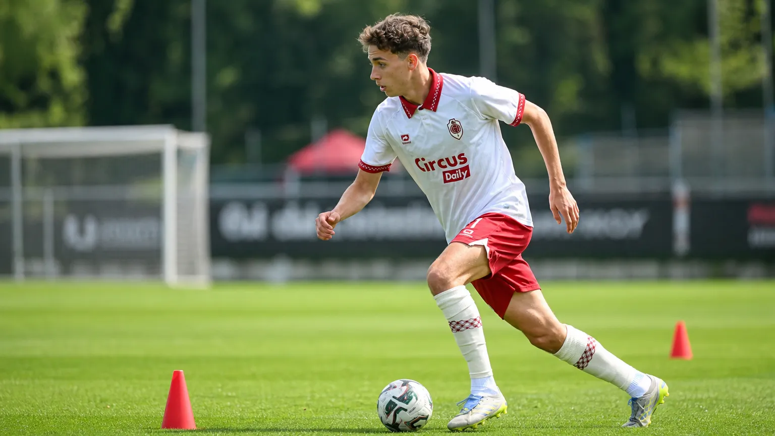 Andreas Verstraeten tijdens een oefening met bal op een trainingsveld.