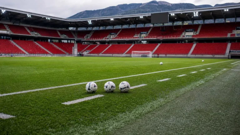 Een lege zijlijn in een Zwitsers voetbalstadion voor de aftrap.