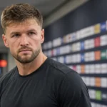 Thomas Henry in neutrale sportkleding in een rustige mixed zone van een voetbalstadion.