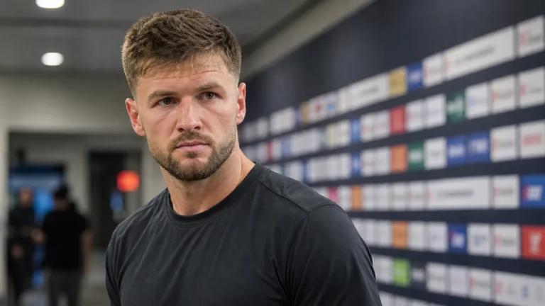 Thomas Henry in neutrale sportkleding in een rustige mixed zone van een voetbalstadion.